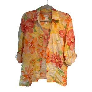 Liz Claiborne Sport 100% Linen Floral Boho Button Down Blouse Size Medium